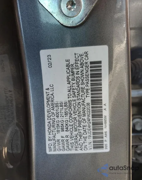 2023 Acura Integra из США, поврежденный, VIN 19UDE4H24PA022038